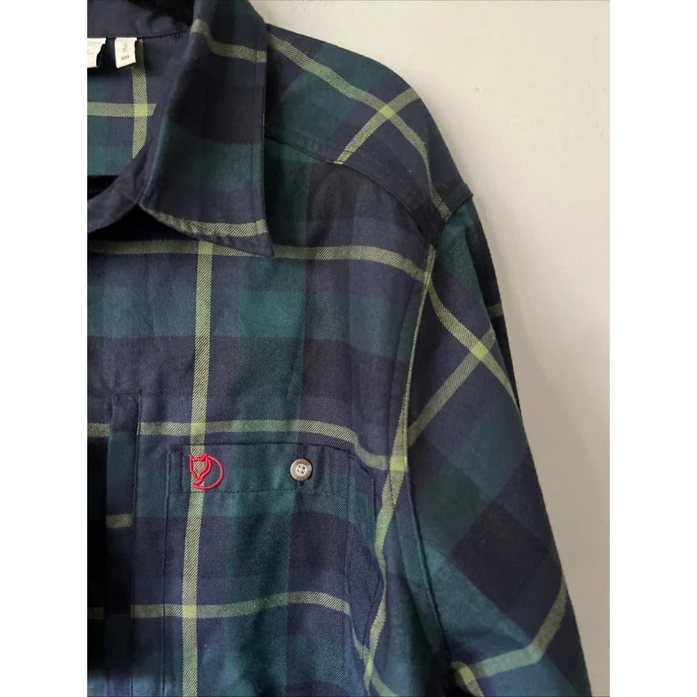 Fjallraven Flannel Shirt Men XXL 2XL Arctic Green Navy Fjallglim Plaid Cabincore